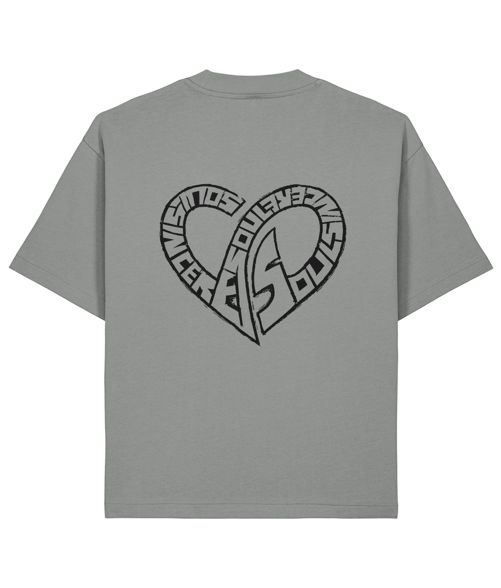 Back view of the Soul Sincere Misty Grey streetwear t-shirt showcasing the large high-durability DTF infinity heart graphic.