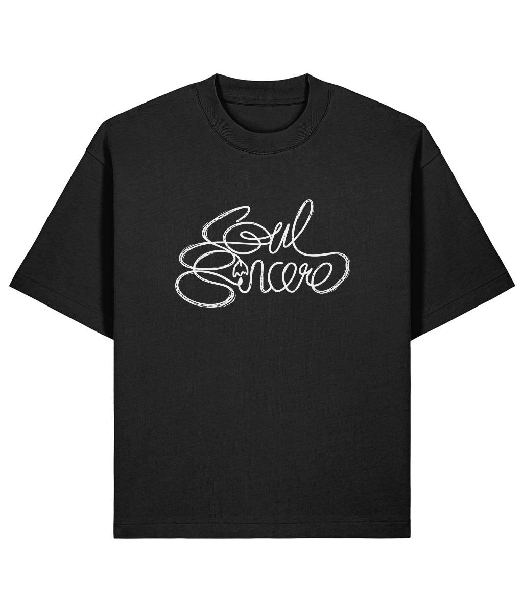 Soul Sincere Signature Script 280gsm heavyweight tee in Black. Front view showcasing the centre-chest print on a boxy fit streetwear t-shirt.